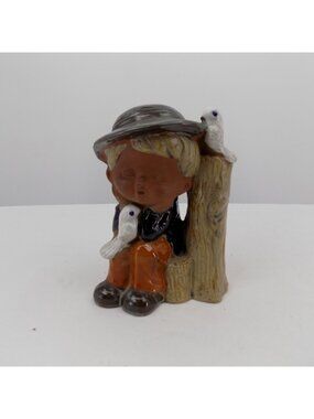 Boy Birds Tree Stump Ceramic Figurine Hand-Painted Vintage 5" Tall No Mark